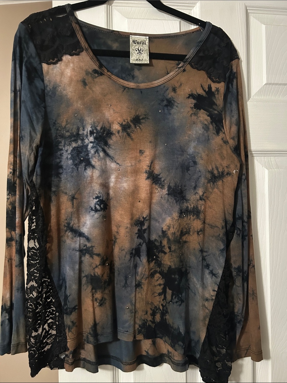 Vocal Black & Brown Tie-Dye Long Sleeve Top with Lace Insets